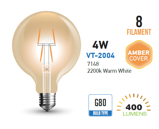 Lampadina led vintage filamento ambrata globo E27 4W G80 V Tac VT-2004 7148