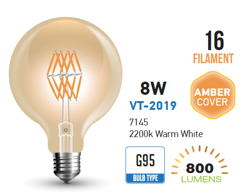 Lampadine led vintage ambrata filamento E27 8W G95 globo V Tac VT-2019 7145