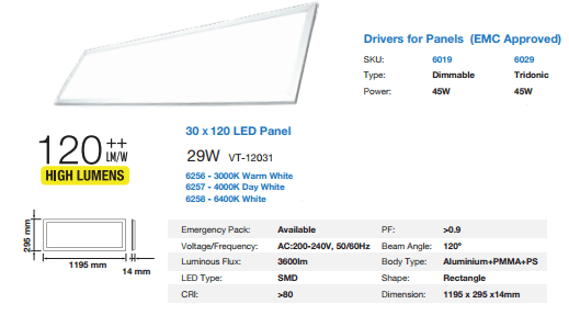 PANNELLO LED CM 120x30 29W SMD "HIGH LUMENS" LUCE NATURALE 4000K V-TAC VT-12031 6257