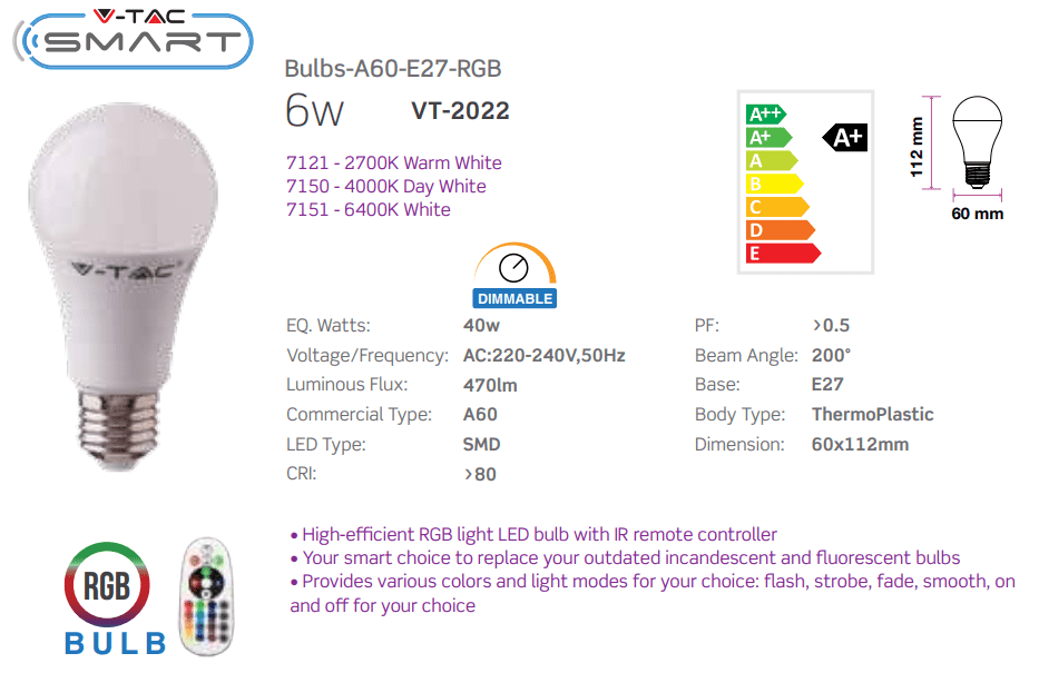 LAMPADINE LED E27 6W=40W RGB-W A60 SMD DIMMERABILE BULBO CON TELECOMANDO LUCE CALDA 2700K V TAC VT-2022 7121