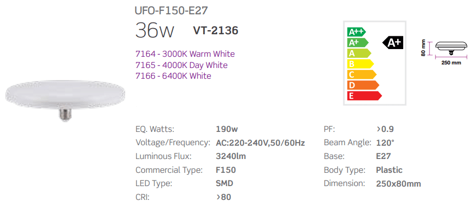 LAMPADINE LED E27 36W SMD UFO HIGH LUMENS LUCE CALDA 3000K V-TAC VT-2136 7164