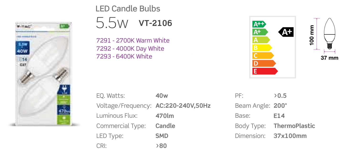 2 LAMPADINE LED E14 C37 5.5W SMD CANDELA LUCE CALDA 2700K V-TAC VT-2106 7291