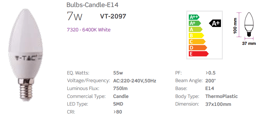 LAMPADINE LED E14 7W CANDELA LUCE FREDDA 6400K V TAC VT-2097 7320