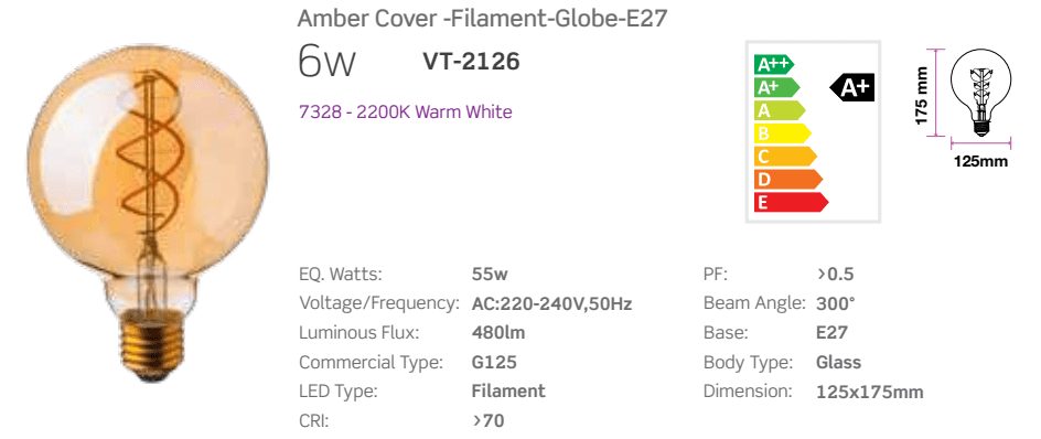 LAMPADINE LED E27 6W G125 GLOBO SMD FILAMENTO VINTAGE AMBRATA LUCE CALDA 2200K V-TAC VT-2126 7328