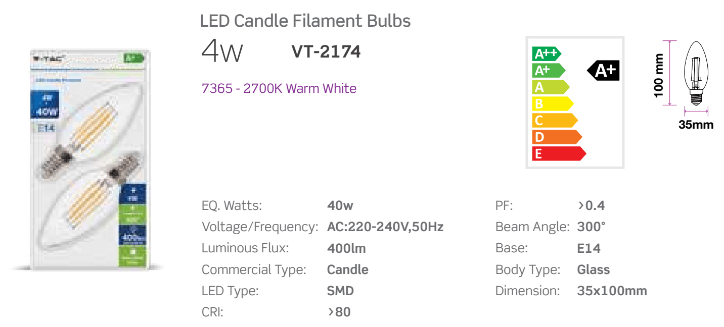 V-TAC CONFEZIONE DA 2 LAMPADINE LED E14 4W=40W CANDELA A FILAMENTO VT-2174 - SKU 7365