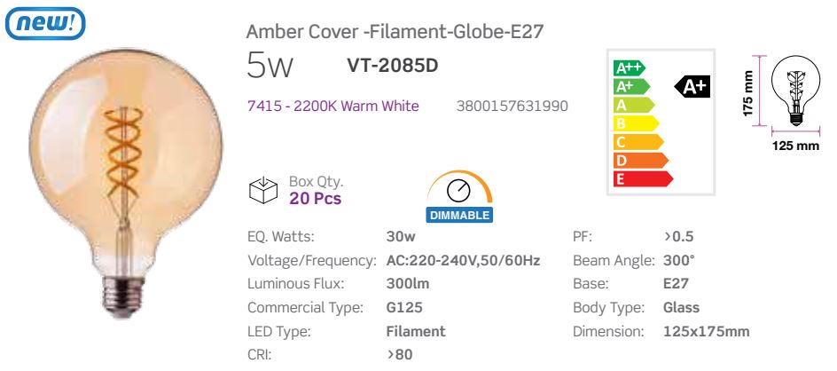 LAMPADINE LED E27 6W G125 GLOBO SMD FILAMENTO VINTAGE AMBRATA LUCE CALDA 2200K V-TAC VT-2126 7328