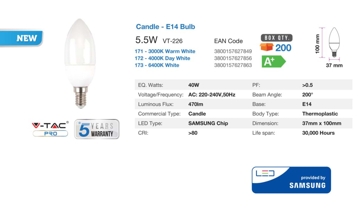 LAMPADINE LED E14 5,5W CANDELA SAMSUNG CHIP LUCE CALDA 3000K V TAC VT-226 171