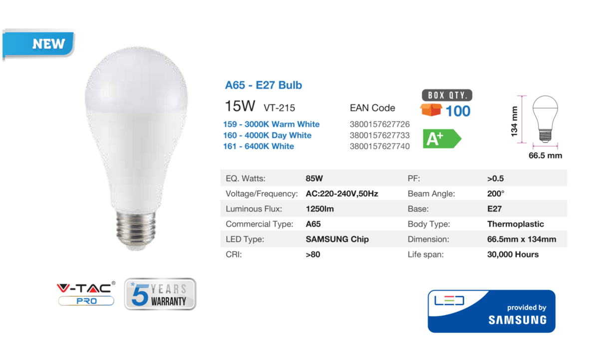 LAMPADINE LED E27 15W A58 SAMSUNG CHIP LUCE CALDA 3000K V TAC VT-215 159