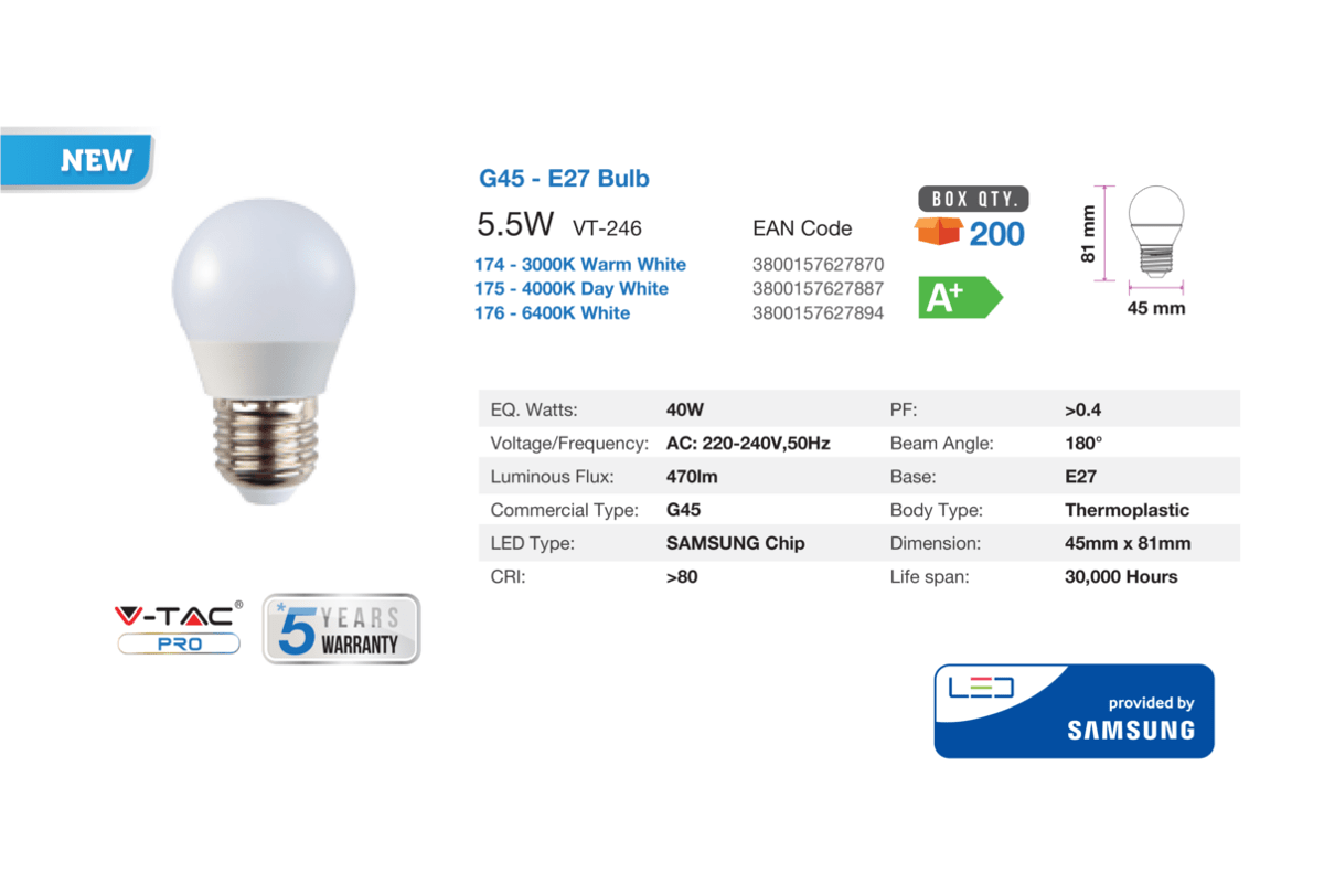 LAMPADINE LED E27 5,5W G45 SAMSUNG CHIP LUCE CALDA 3000K V TAC VT-246 174 175 176