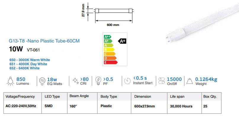 NEON A LED TUBO 60 CM 10W G13 T8 SAMSUNG LUCE FREDDA 6400K V TAC VT-061 652