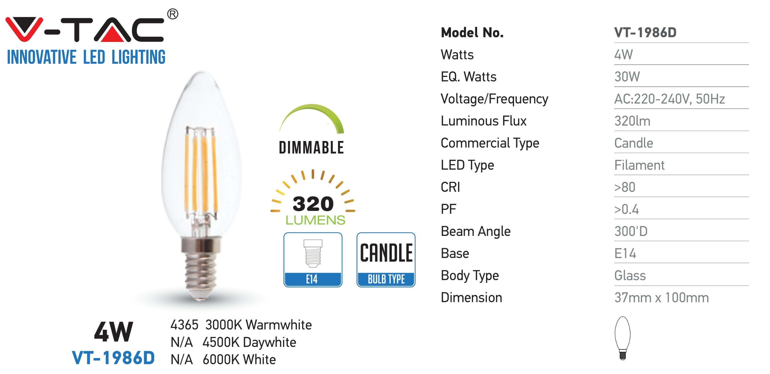 LAMPADINE LED E14 4W DIMMERABILE FILAMENTO V TAC VT-1986D 4365