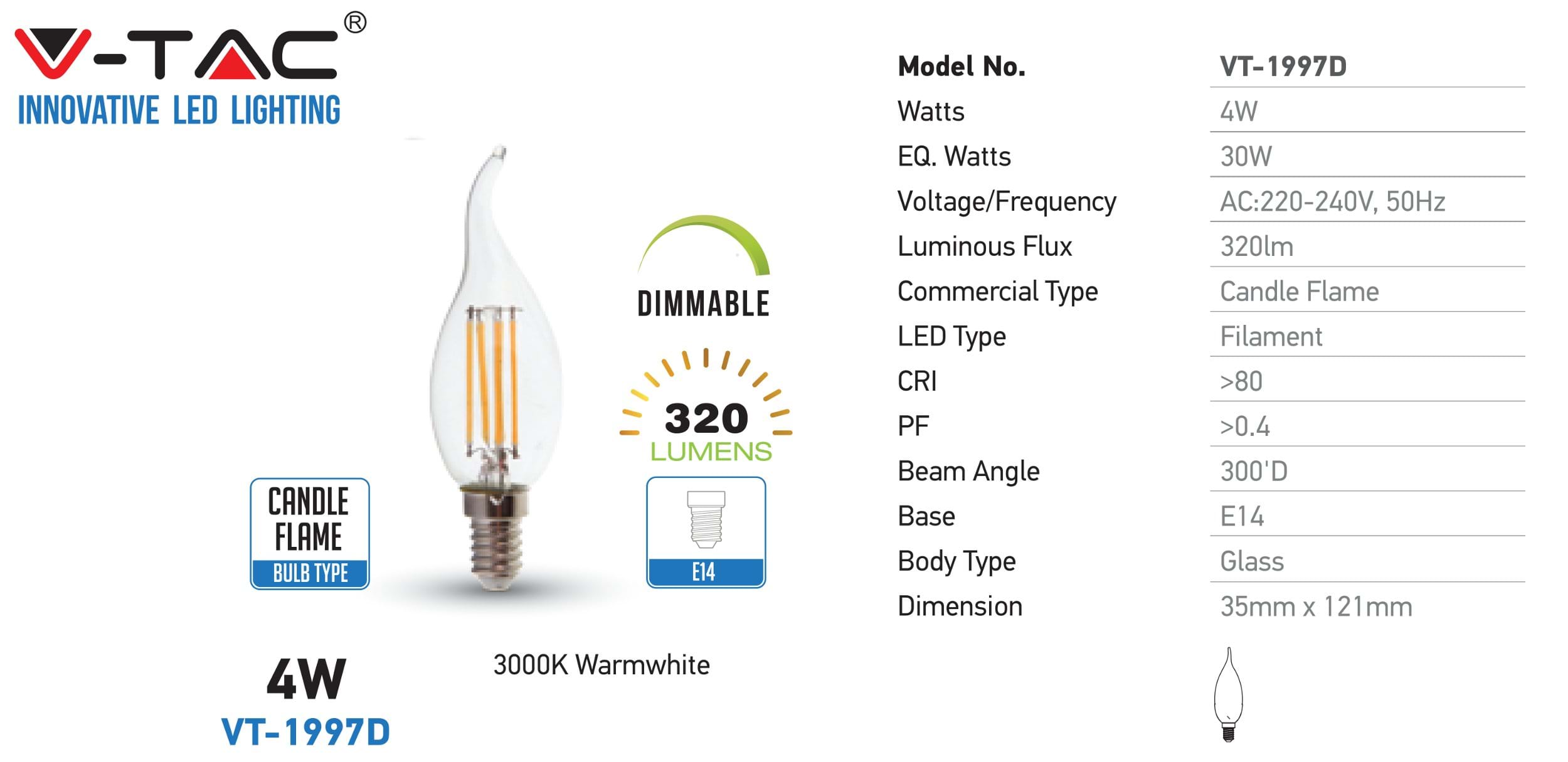 LAMPADINE LED E14 4W FILAMENTO DIMMERABILE FIAMMA CANDELA V TAC VT-1997D 4366