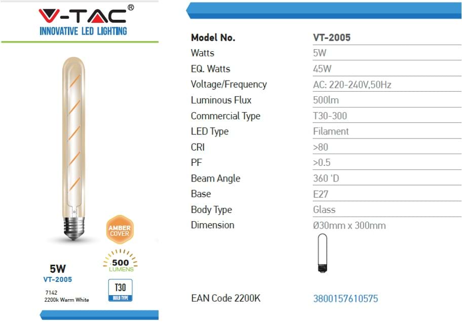 Lampadine led vintage tubolare filamento ambrata E27 5W V Tac VT-2005 7142