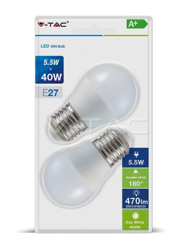 LAMPADINE LED E27 G45 5.5W SMD MINIGLOBO LUCE NATURALE 4000K 2 PZ V TAC VT-2166 7361